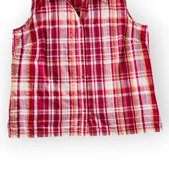 Y2K St Johns Bay Red Orange White Plaid Sleeveless Button Down Top Cotton 2X - Picture 4 of 8